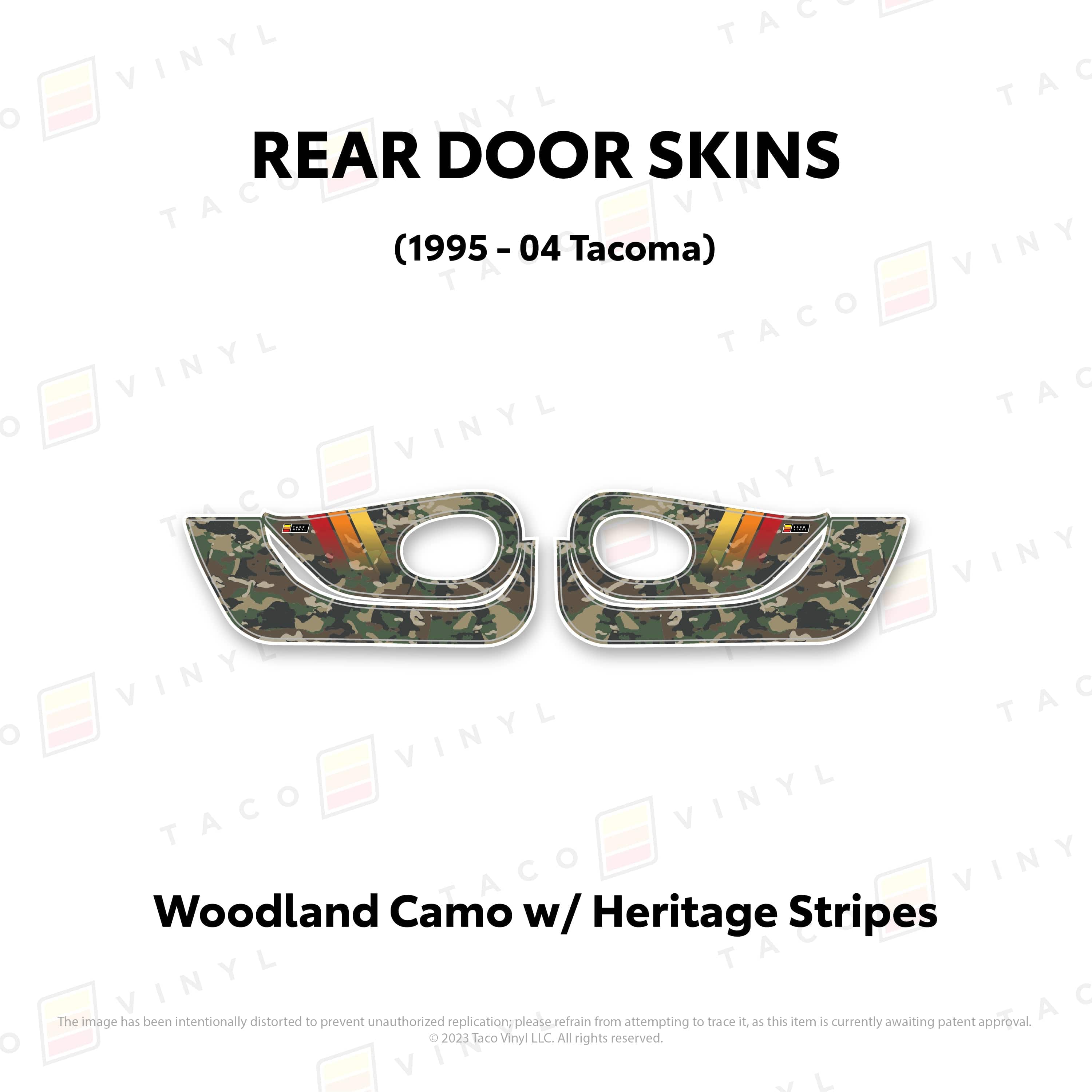 Taco Vinyl Protective Vinyl Rear Driver/Passenger / Woodland Camo w/Heritage Stripes 1995-04 Tacoma Door Skins (Lower Section)