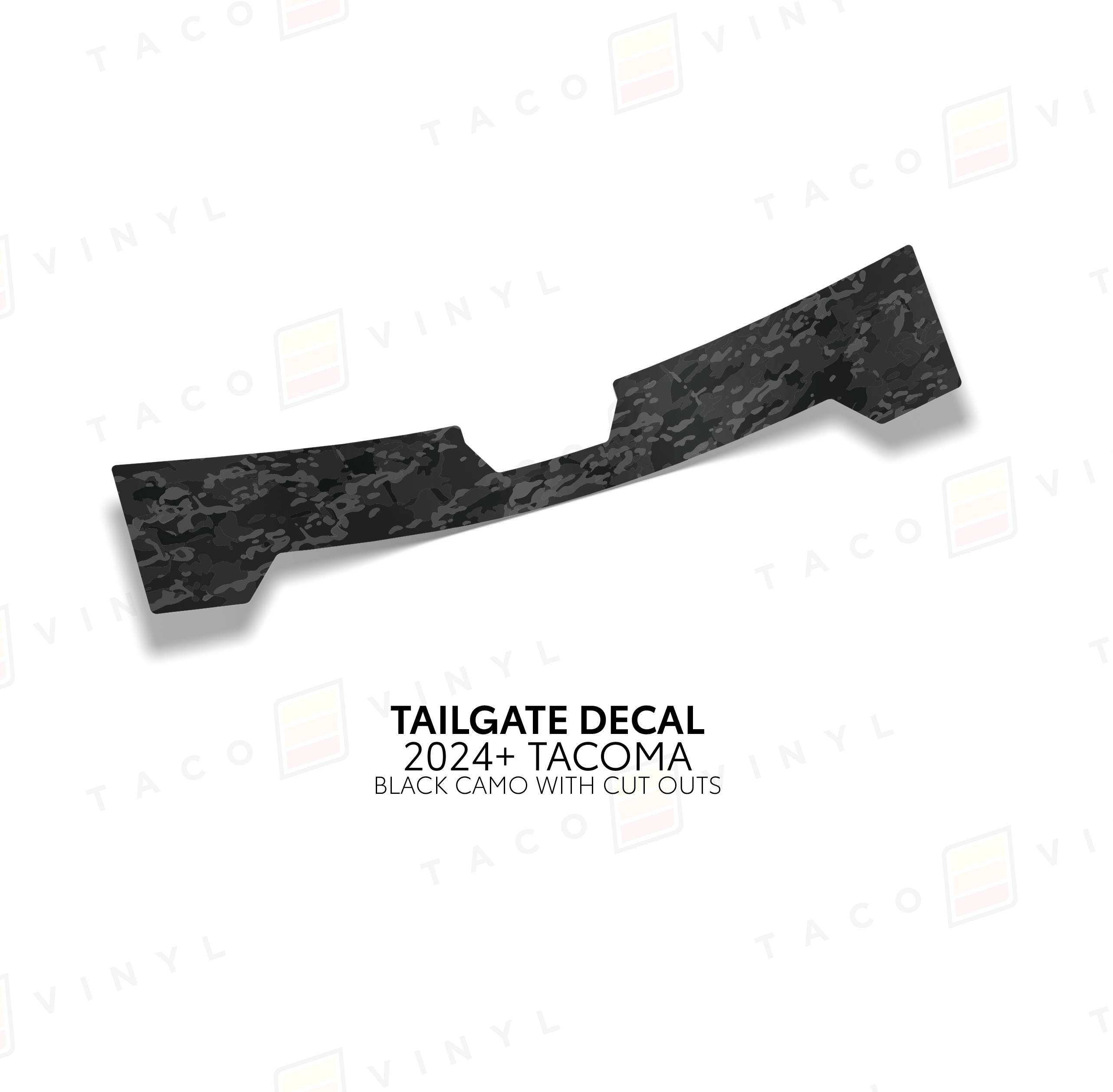 Taco Vinyl Vehicle Decals Black Camo w/ Cut Out 2024+ Tacoma Tailgate Topo Decal