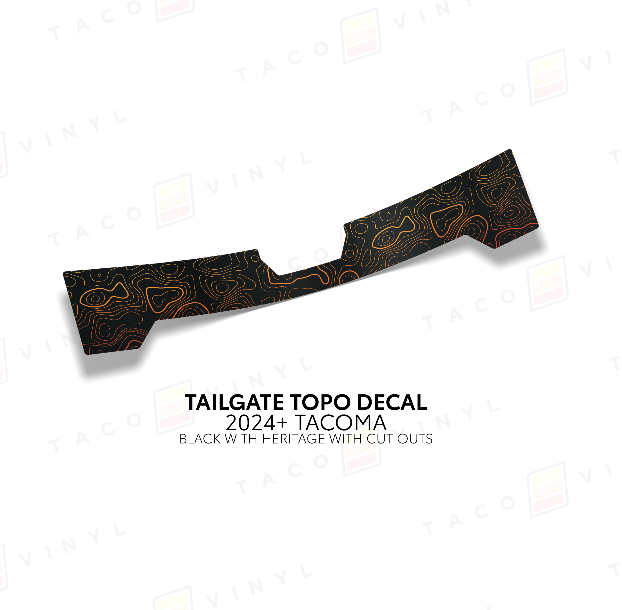Taco Vinyl Vehicle Decals Black with Heritage Topo w/ Cut Out 2024+ Tacoma Tailgate Topo Decal