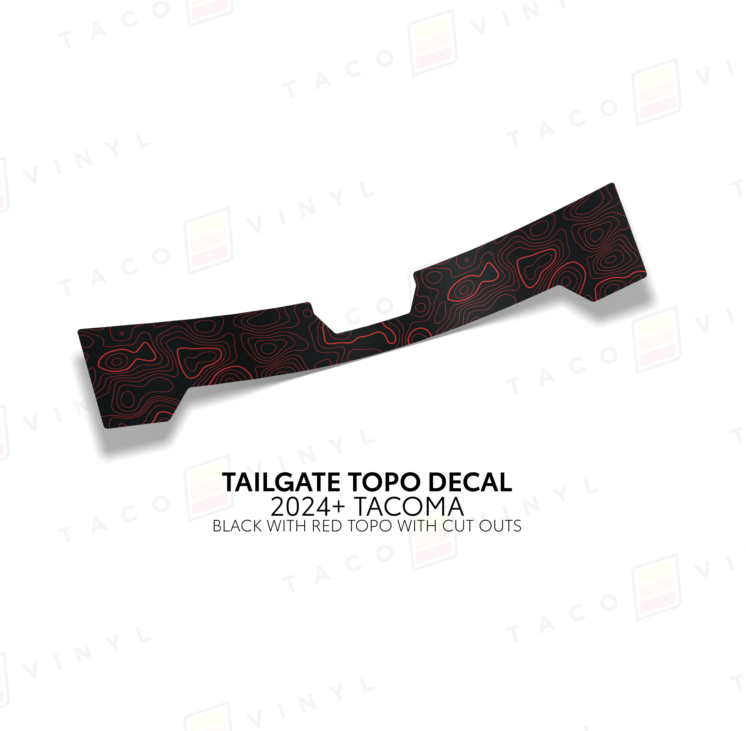 Taco Vinyl Vehicle Decals Black with Red Topo w/ Cut Out 2024+ Tacoma Tailgate Topo Decal