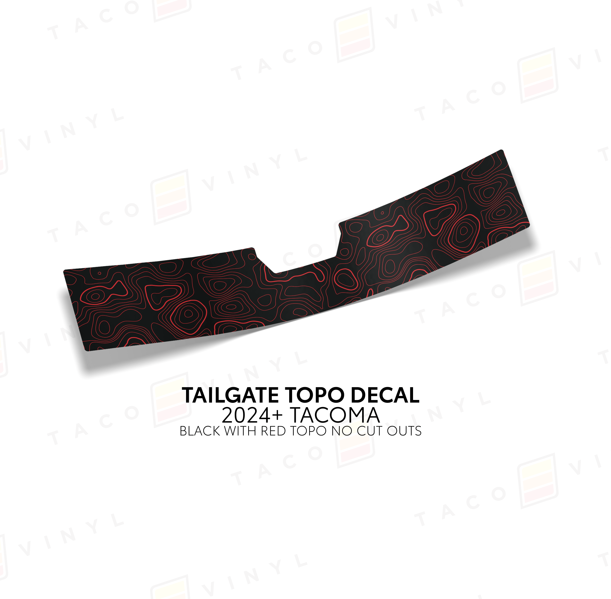 Taco Vinyl Vehicle Decals Black with Red Topo w/ No Cut Out 2024+ Tacoma Tailgate Topo Decal