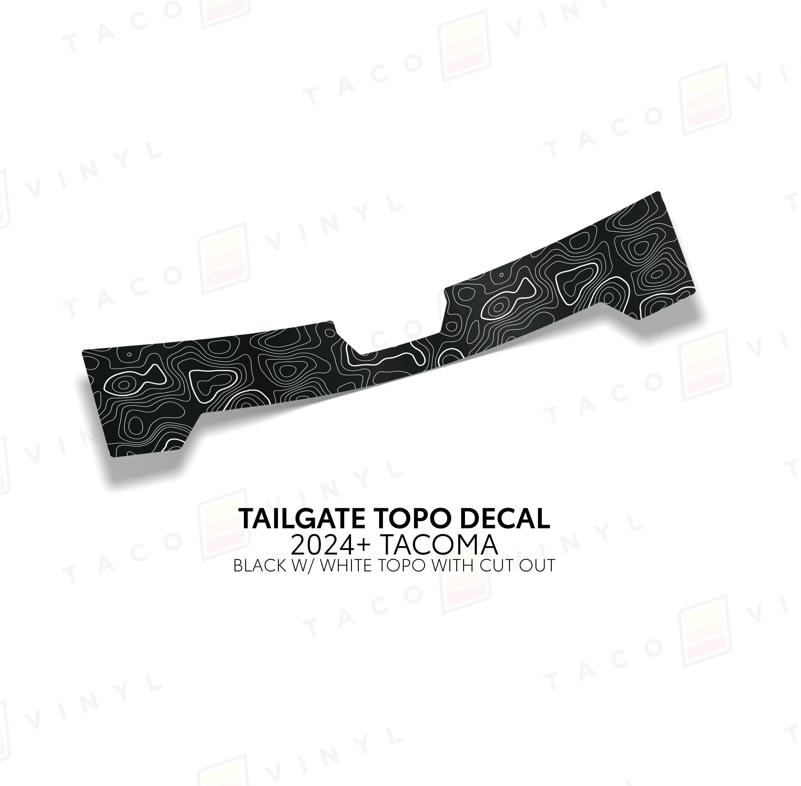 Taco Vinyl Vehicle Decals Black with White Topo w/ Cut Out 2024+ Tacoma Tailgate Topo Decal