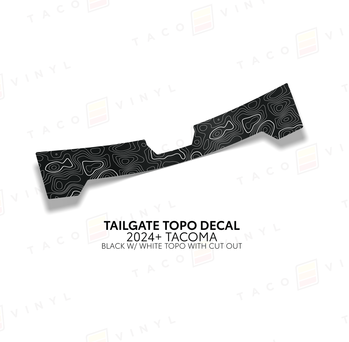 Taco Vinyl Vehicle Decals Black with White Topo w/ Cut Out 2024+ Tacoma Tailgate Topo Decal