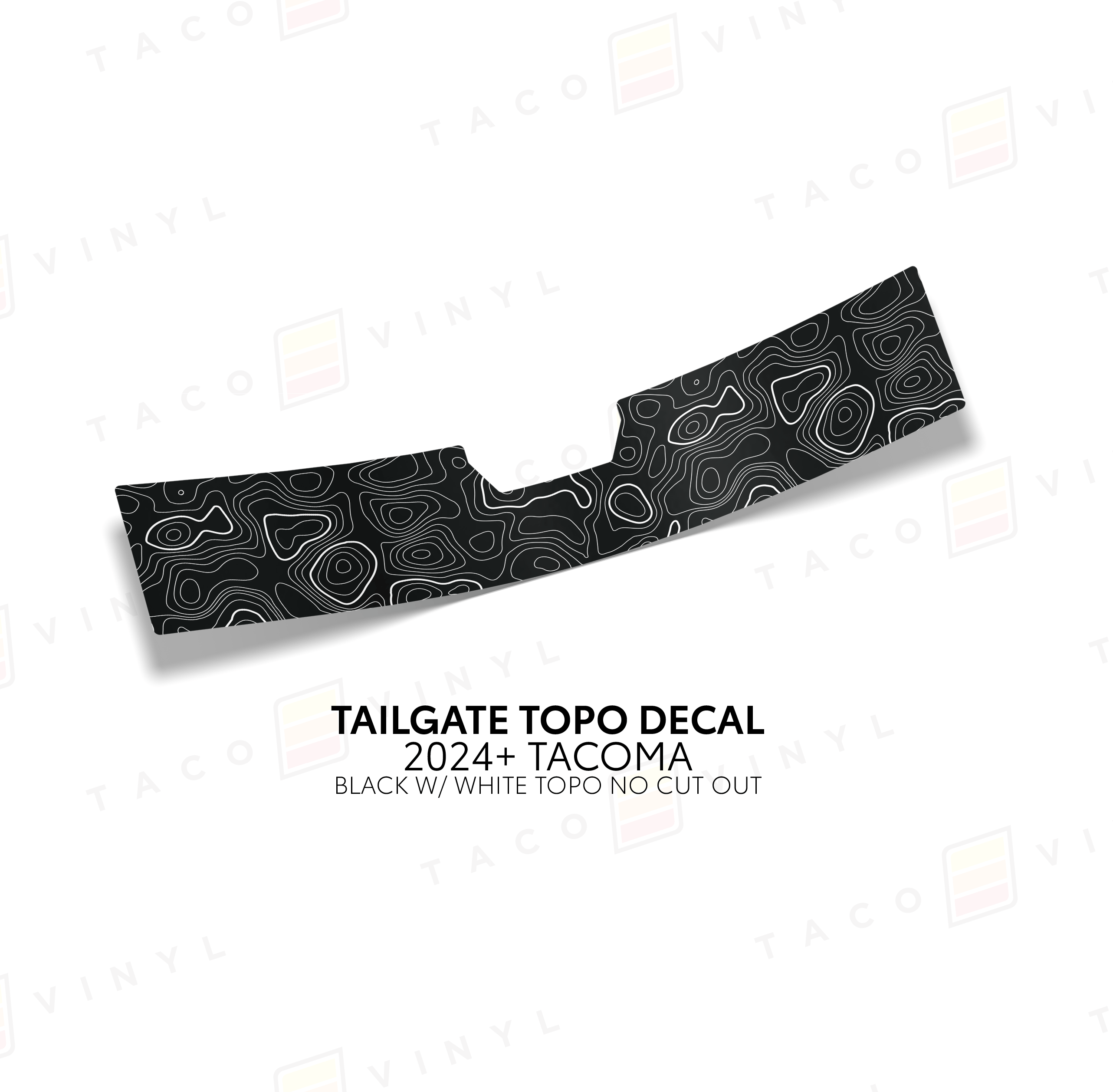 Taco Vinyl Vehicle Decals Black with White Topo w/ No Cut Out 2024+ Tacoma Tailgate Topo Decal