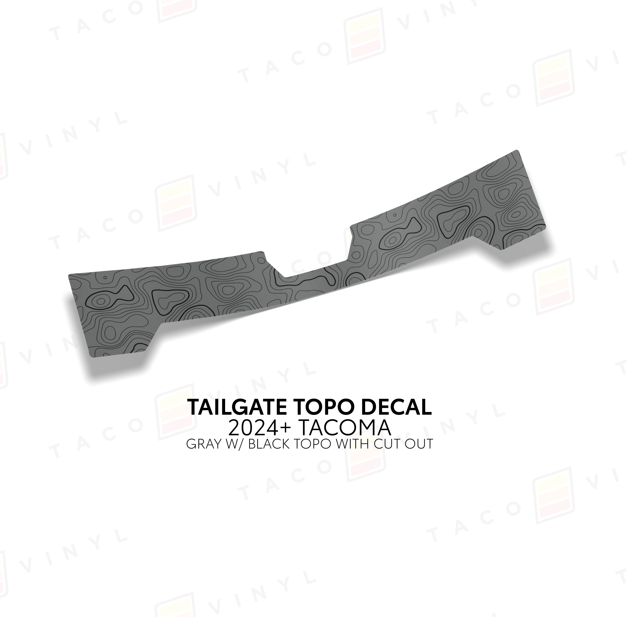 Taco Vinyl Vehicle Decals Gray with Black Topo w/ Cut Out 2024+ Tacoma Tailgate Topo Decal