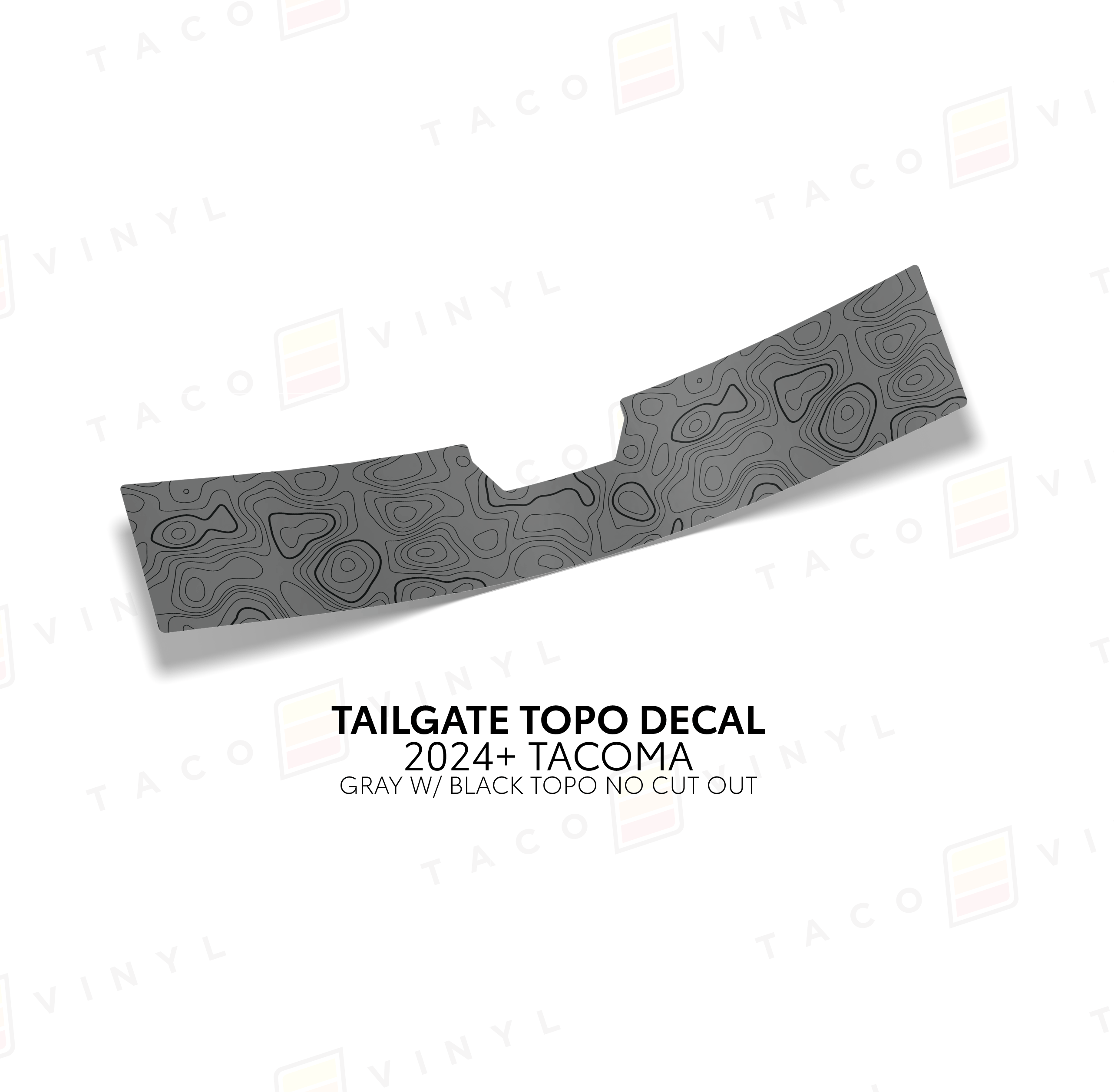 Taco Vinyl Vehicle Decals Gray with Black Topo w/ No Cut Out 2024+ Tacoma Tailgate Topo Decal
