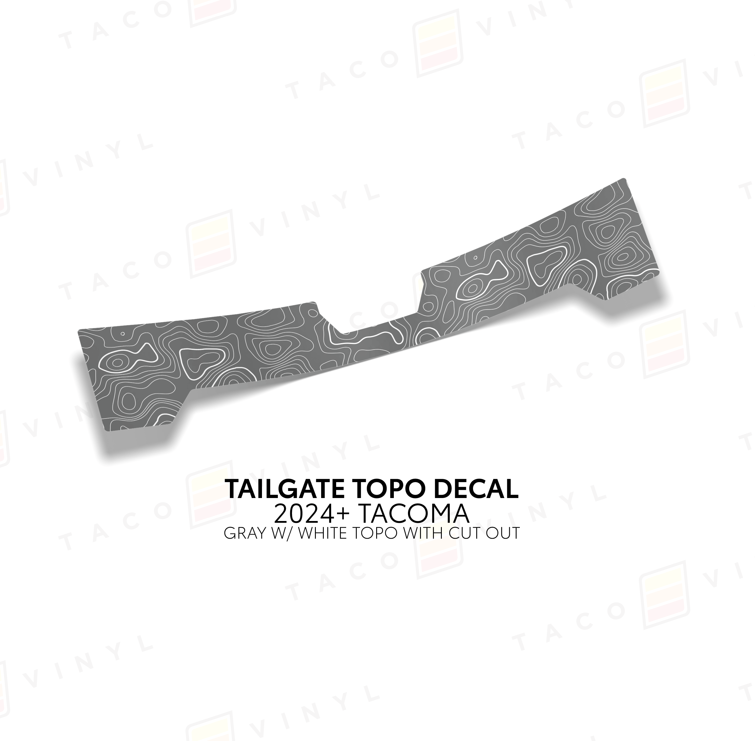 Taco Vinyl Vehicle Decals Gray with White Topo w/ Cut Out 2024+ Tacoma Tailgate Topo Decal