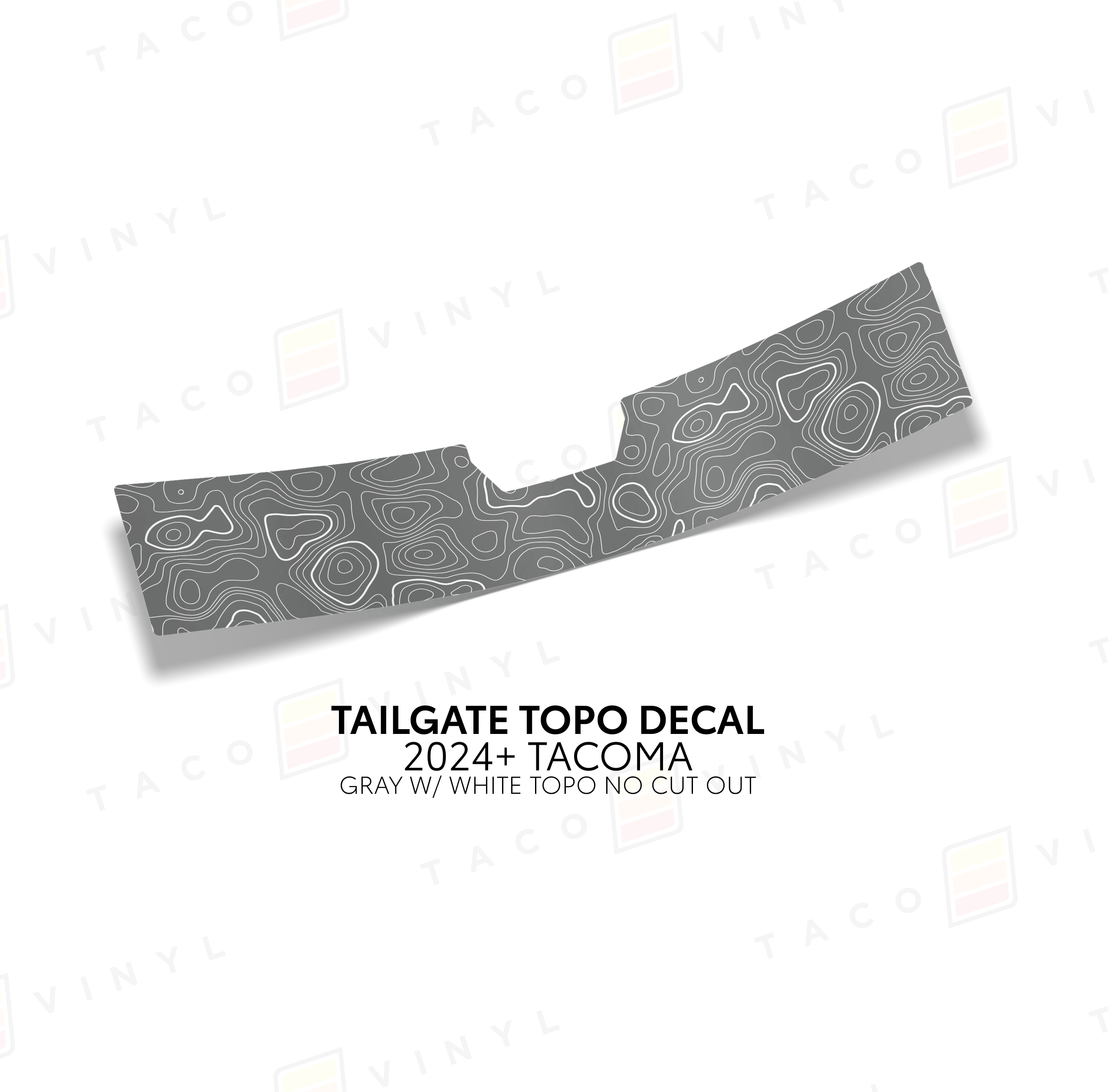 Taco Vinyl Vehicle Decals Gray with White Topo w/ No Cut Out 2024+ Tacoma Tailgate Topo Decal
