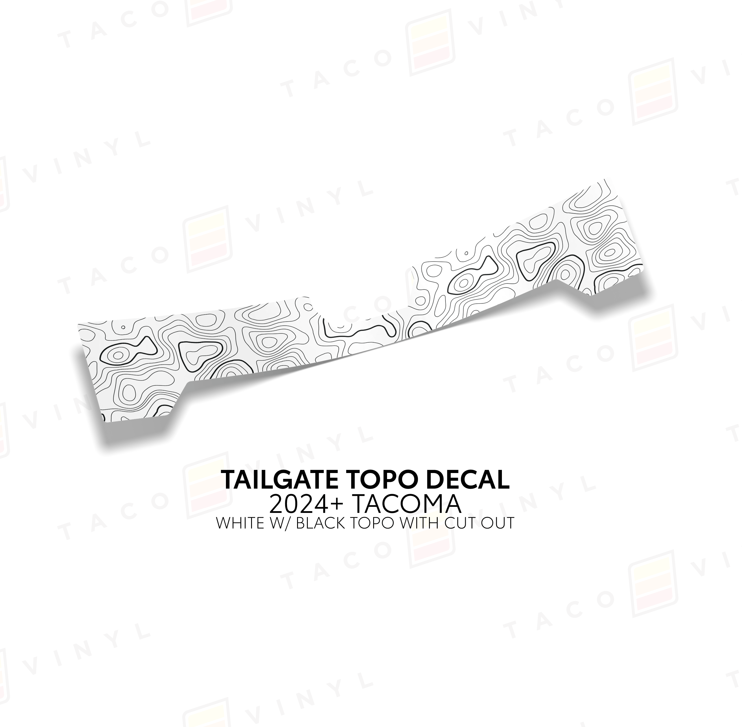 Taco Vinyl Vehicle Decals White with Black Topo w/ Cut Out 2024+ Tacoma Tailgate Topo Decal