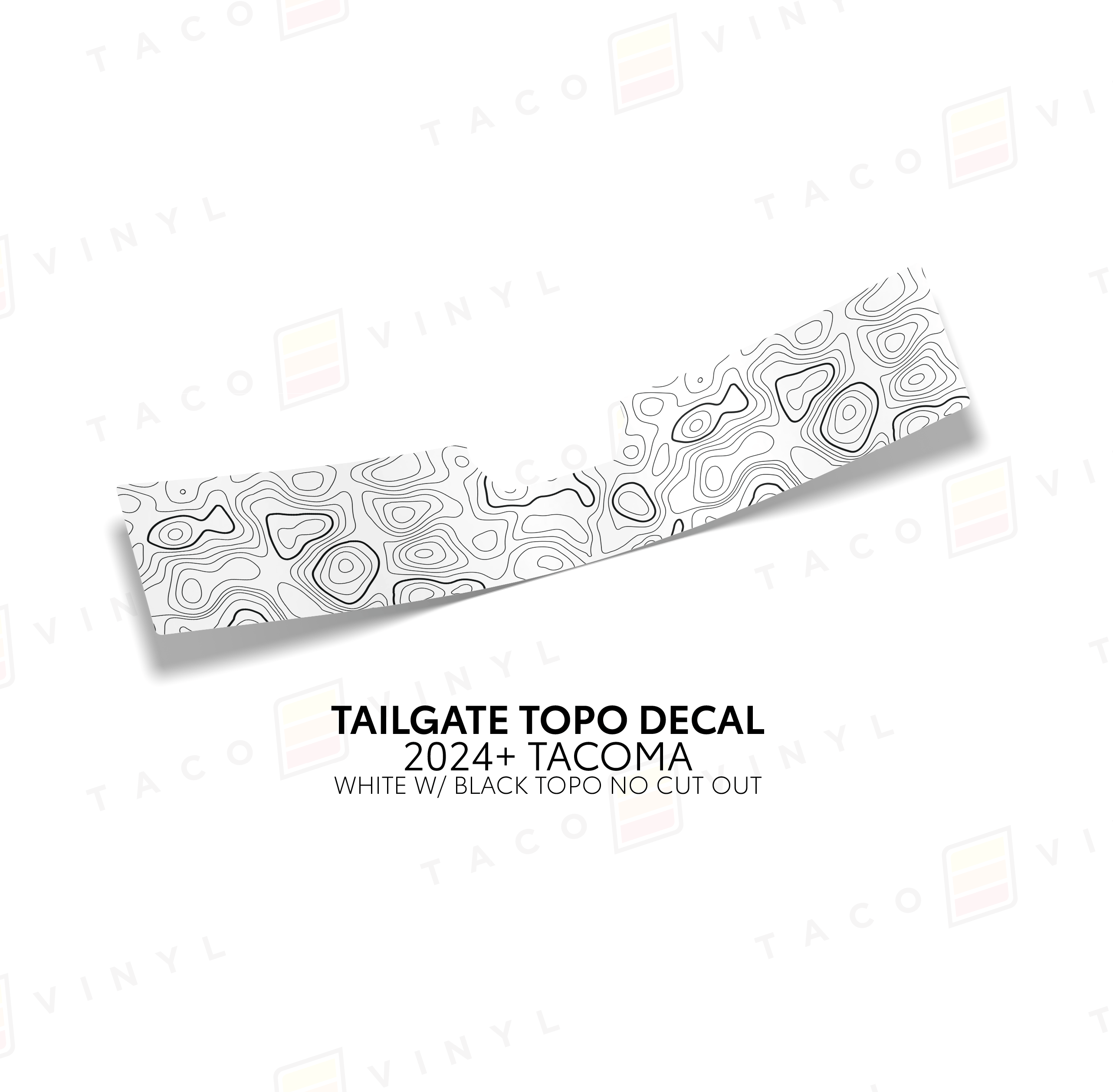 Taco Vinyl Vehicle Decals White with Black Topo w/ No Cut Out 2024+ Tacoma Tailgate Topo Decal