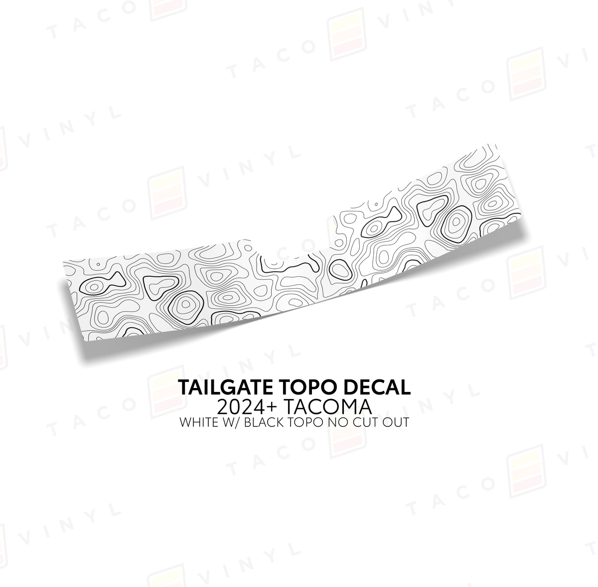 Taco Vinyl Vehicle Decals White with Black Topo w/ No Cut Out 2024+ Tacoma Tailgate Topo Decal