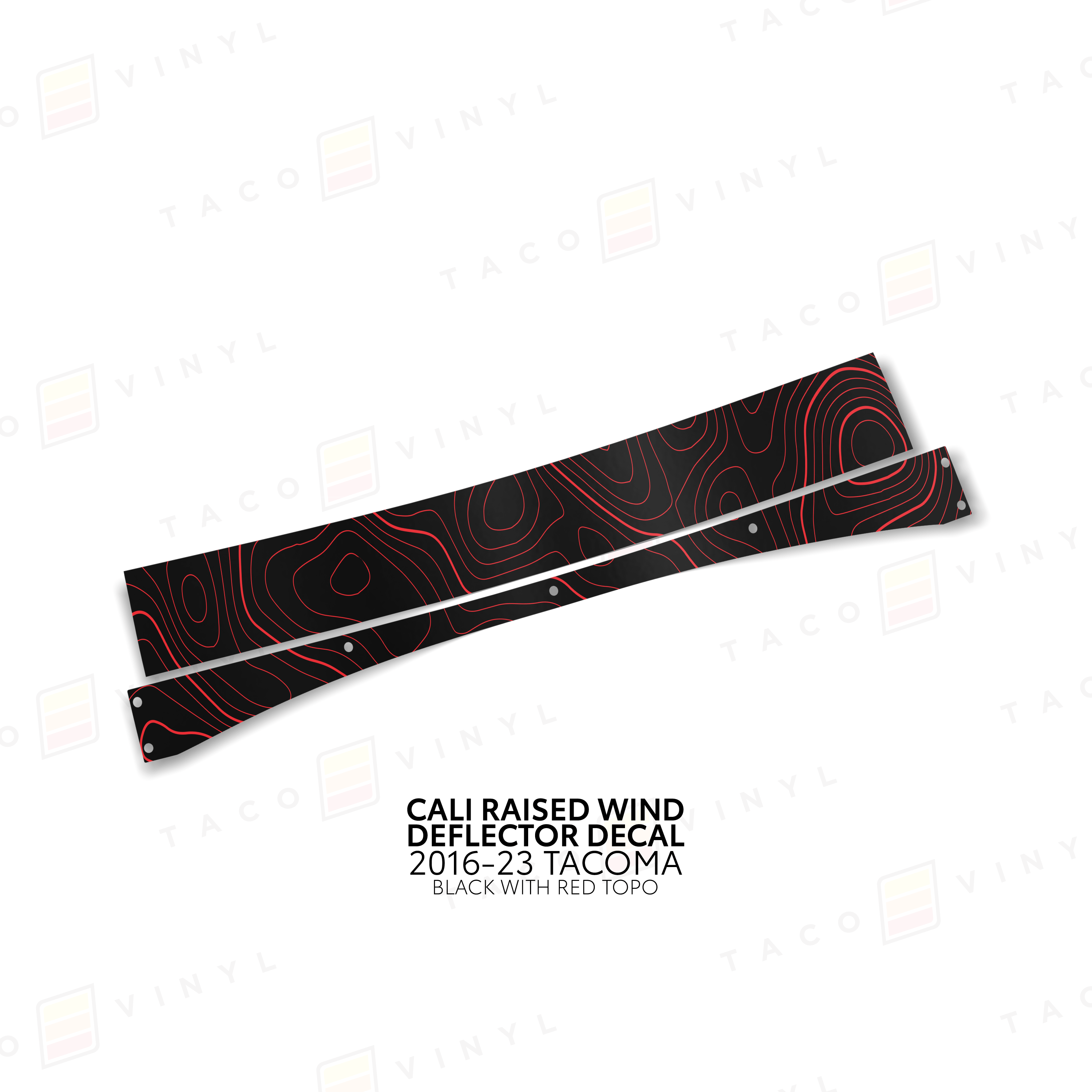 Taco Vinyl Vinyl Black w/ Red Topo / 2016-2023 Tacoma Cali Raised Wind Deflector Decal