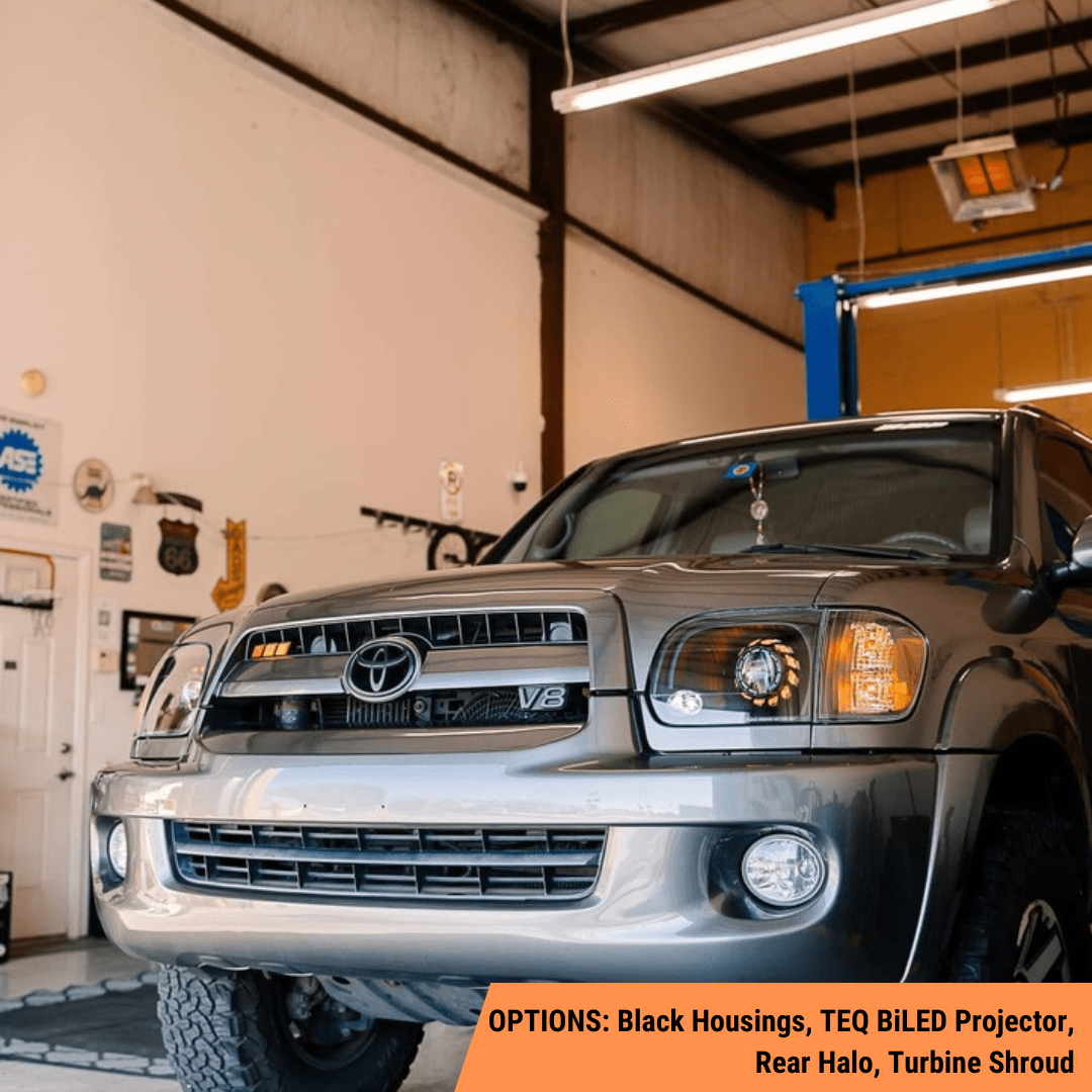 TEQ Customs LLC Headlights Black (+$20) / Rear Halo / Switchback (White and Amber) 01-07 Toyota Sequoia Turbine Edition Headlights