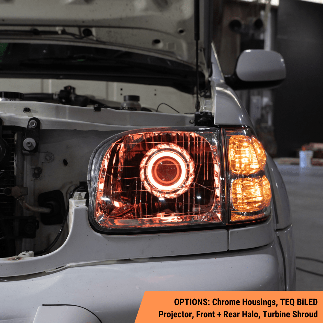 TEQ Customs LLC Headlights Chrome / Front and Rear Halo (+$85) / Switchback (White and Amber) 01-07 Toyota Sequoia Turbine Edition Headlights